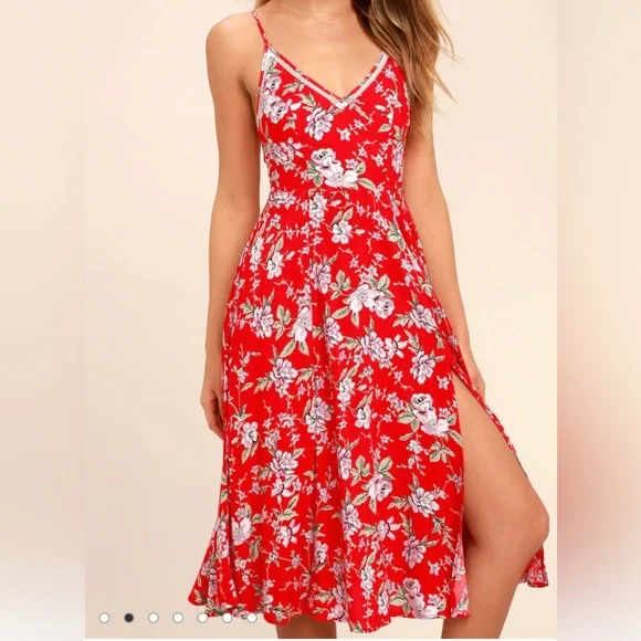 Lulus Red Floral Print Midi Dress - Picture 1 of 7